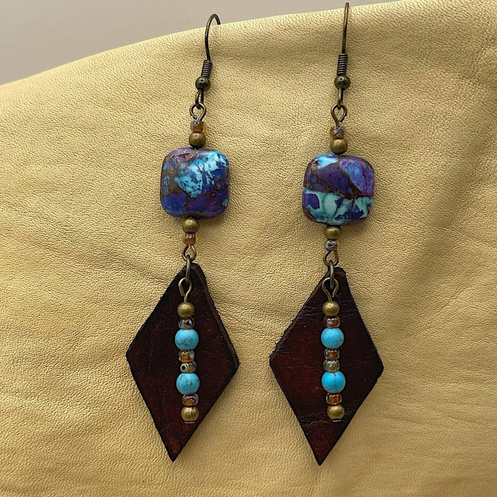 Leather Gemstone Dangle Earrings Bronze Infused Turquoise Picasso Antique Brass